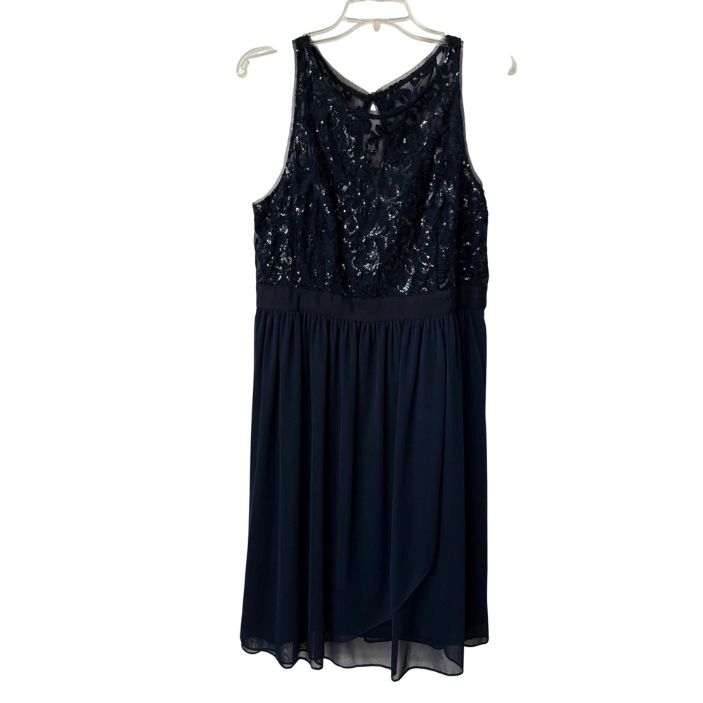 Adrianna Papell Sequin Mesh Tulle Dress 14 Midnight Navy Blue Cocktail NWT